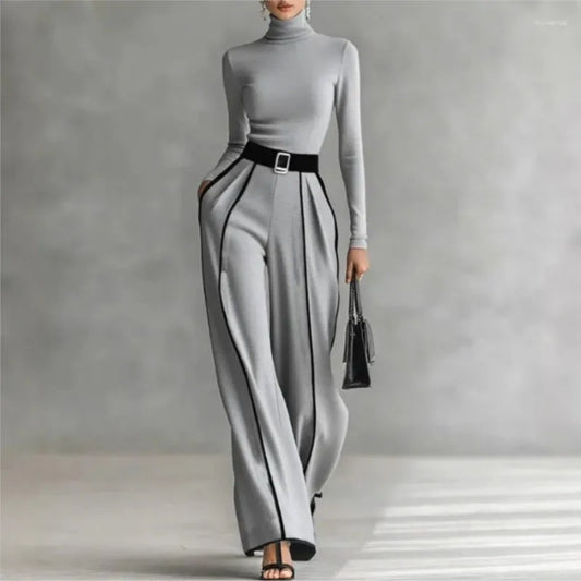 Women Long Sleeve Knit Pullover Two-Piece Set Elegant High Neck Slim Top+Wide leg Pants  Outfit
