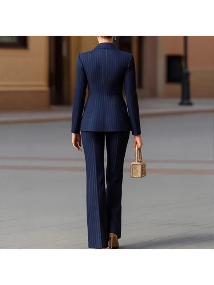 Ladies Pant Suit Striped Jacket Blazer and Trouser 2 Piece Set