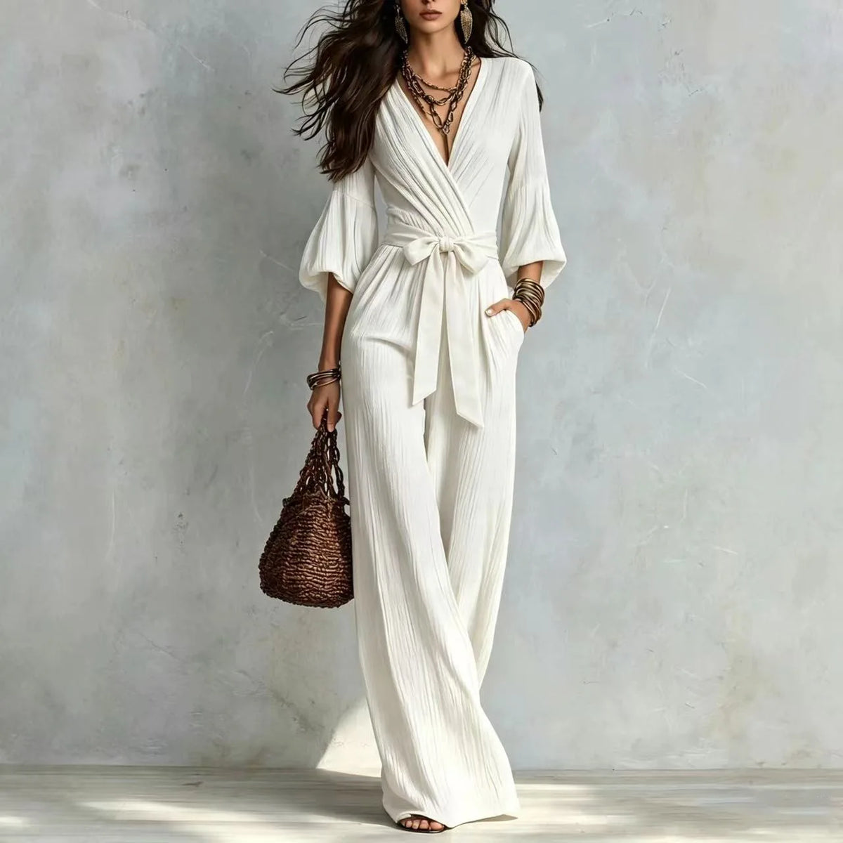 Elegant Deep V Neck Puff Sleeve Jumpsuit