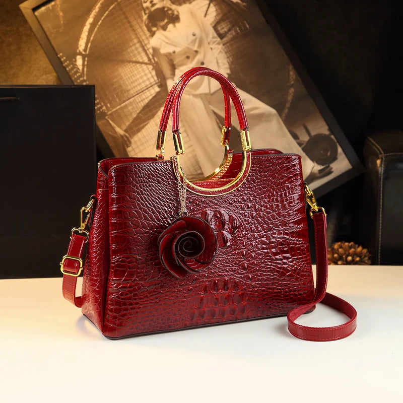 Genuine Leather Women's Handbags Crocodile Pattern Lady Flower Tassel Shoulder Messenger Bag Fashion Wedding Top Handle Bags