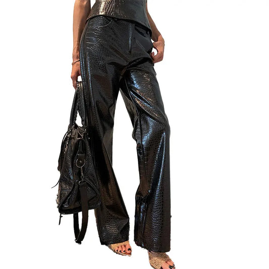 Shiny Crocodile Print Pu Leather Straight Pants
