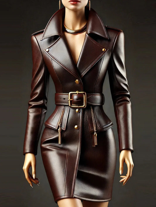 Women PU Leather Dress Lapel Collar