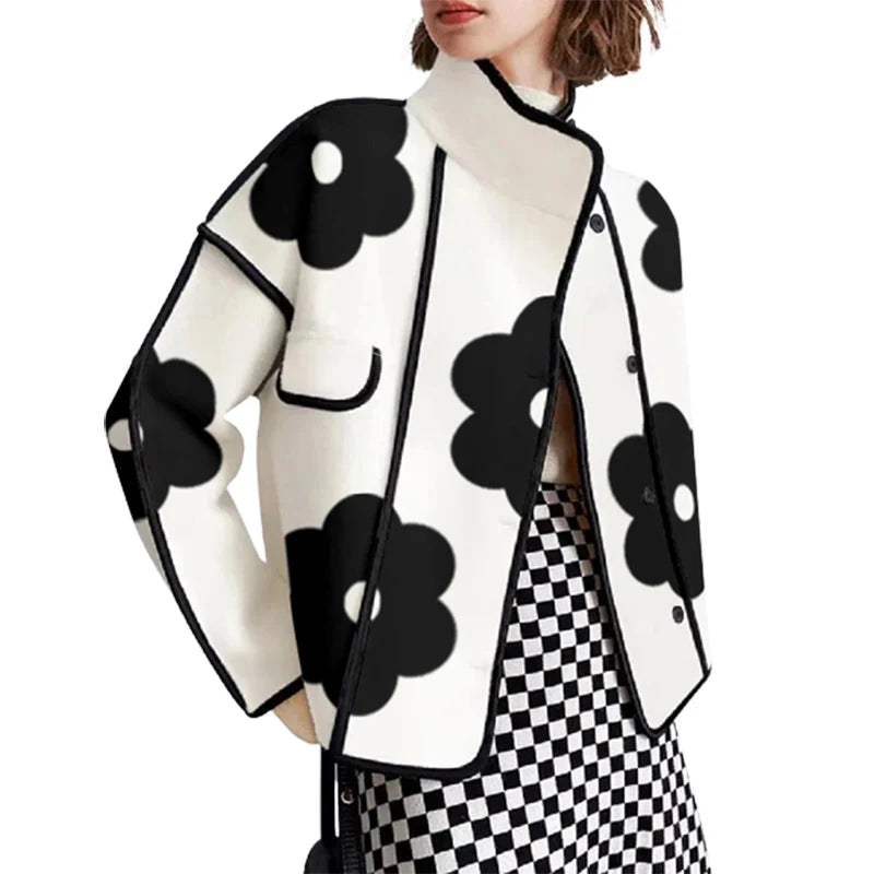 Women's Autumn Jackets Fashion Black Flower Print High-Neck Long Sleeves Buttoned Casual