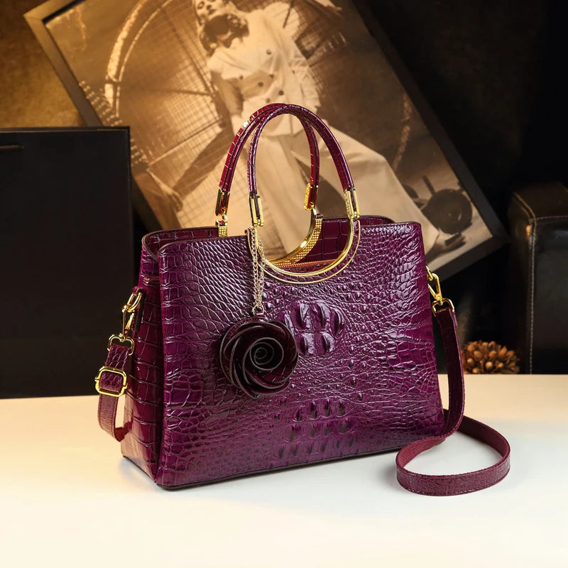 Genuine Leather Women's Handbags Crocodile Pattern Lady Flower Tassel Shoulder Messenger Bag Fashion Wedding Top Handle Bags