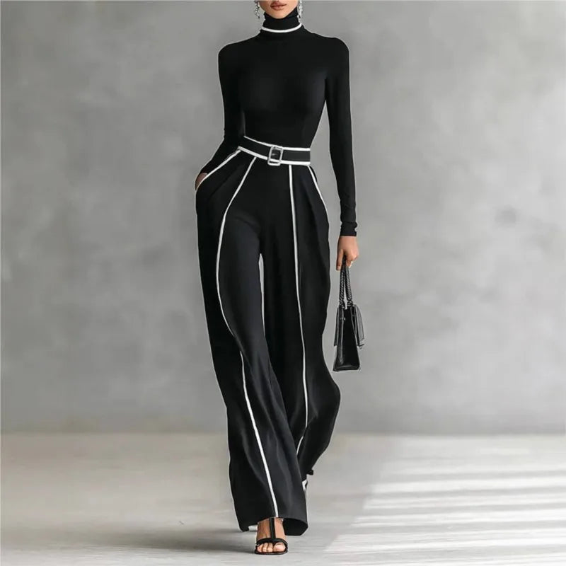 Women Long Sleeve Knit Pullover Two-Piece Set Elegant High Neck Slim Top+Wide leg Pants  Outfit