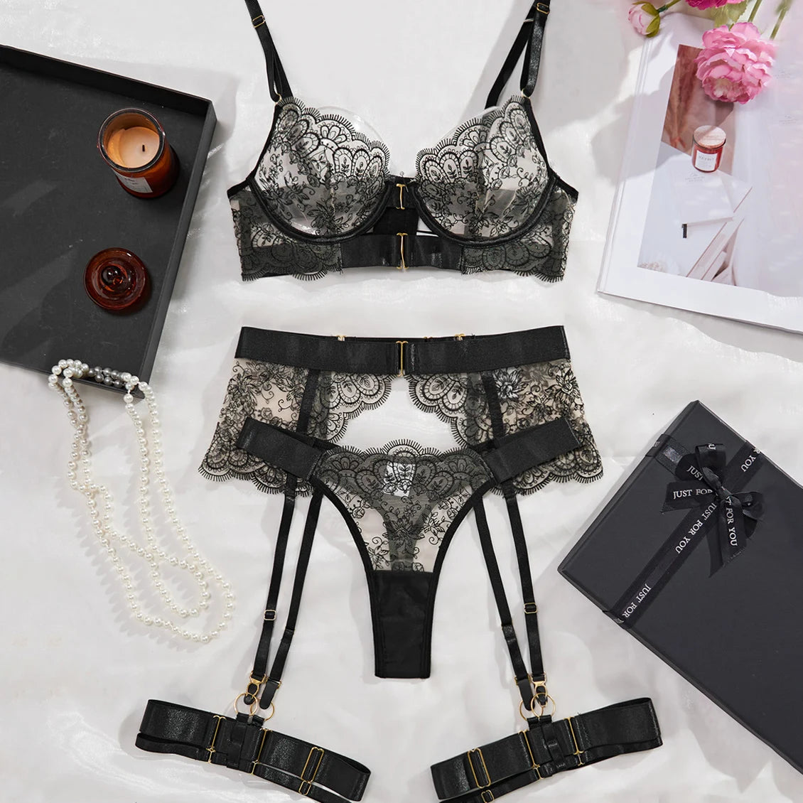 See-Through Embroidered  Sexy Eyelash Lace Body Shaping Lingerie Four-Piece Set