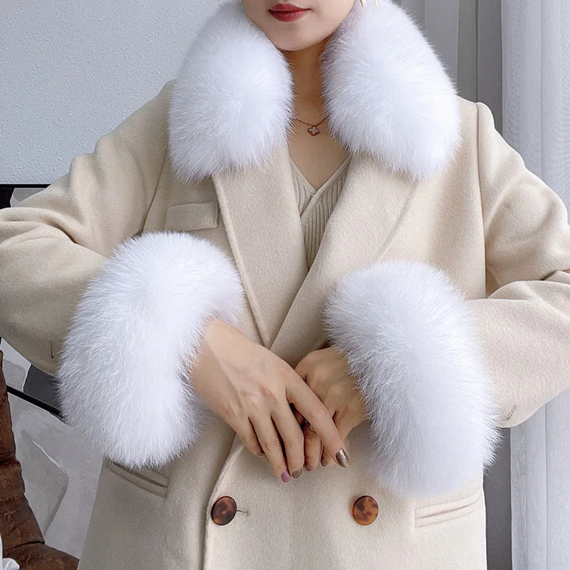 100% Real Fox Fur Collar Winter Coat Hood Fur Scarf Cuffs Set Jacket Match Overcoats Accessory Women Neck Warmer Scarves