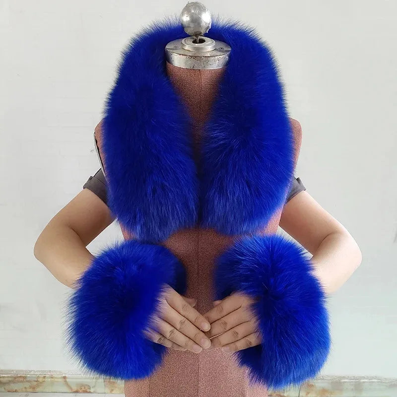 100% Real Fox Fur Collar Winter Coat Hood Fur Scarf Cuffs Set Jacket Match Overcoats Accessory Women Neck Warmer Scarves