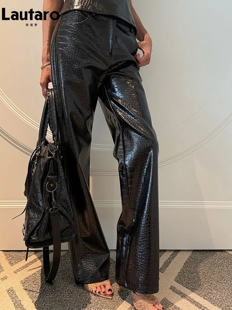 Shiny Crocodile Print Pu Leather Straight Pants