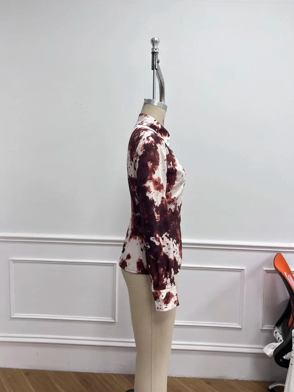 Women's Long-sleeved Satin Blouse With A Cow Print And Button Collar
