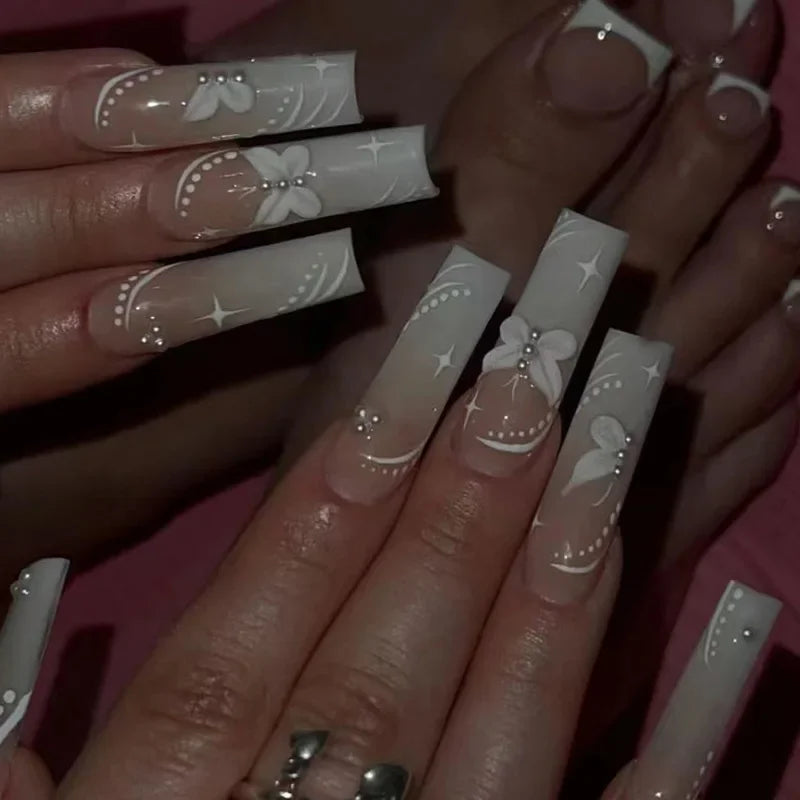 24Pcs Simple White French Press on Nails with Glue Long Ballet False Nails Wearable Coffin Fake Nails Full Cover Nail Tips