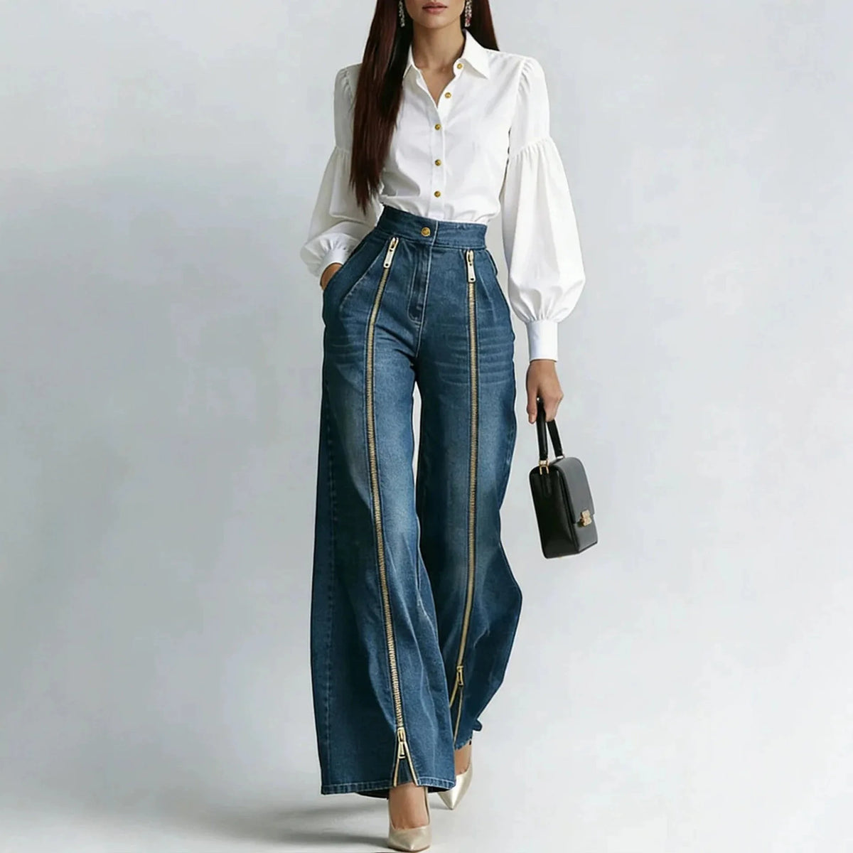Women's High Waisted Gold Zipper Wide Leg Straight Denim Pants