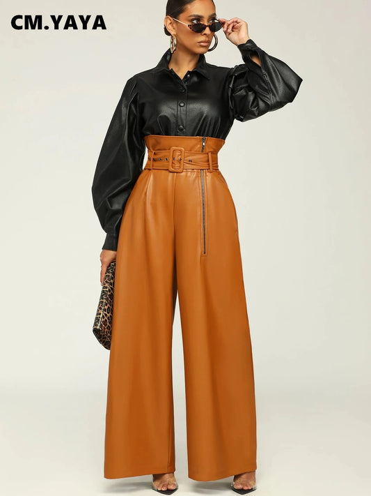 Women's Fashion Faux Leather High Waist with Sashes Zipper Side Wide Leg Loose Pants Street PU Trousers