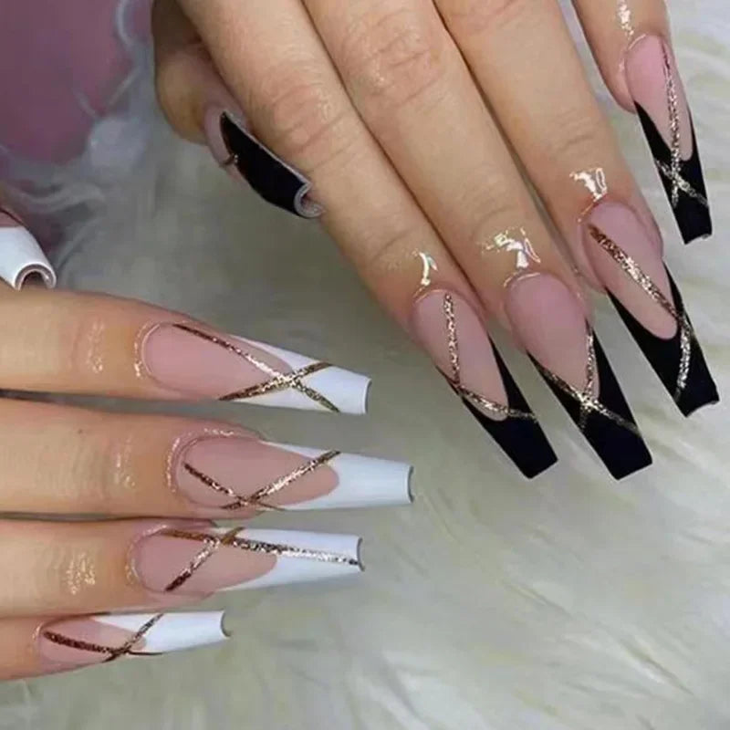 24Pcs Simple White French Press on Nails with Glue Long Ballet False Nails Wearable Coffin Fake Nails Full Cover Nail Tips