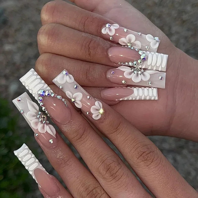 24Pcs Simple White French Press on Nails with Glue Long Ballet False Nails Wearable Coffin Fake Nails Full Cover Nail Tips