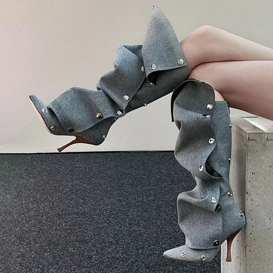 Women's High Heel Long Boots Thin Heeled Pointed Denim Metal Button Shoe