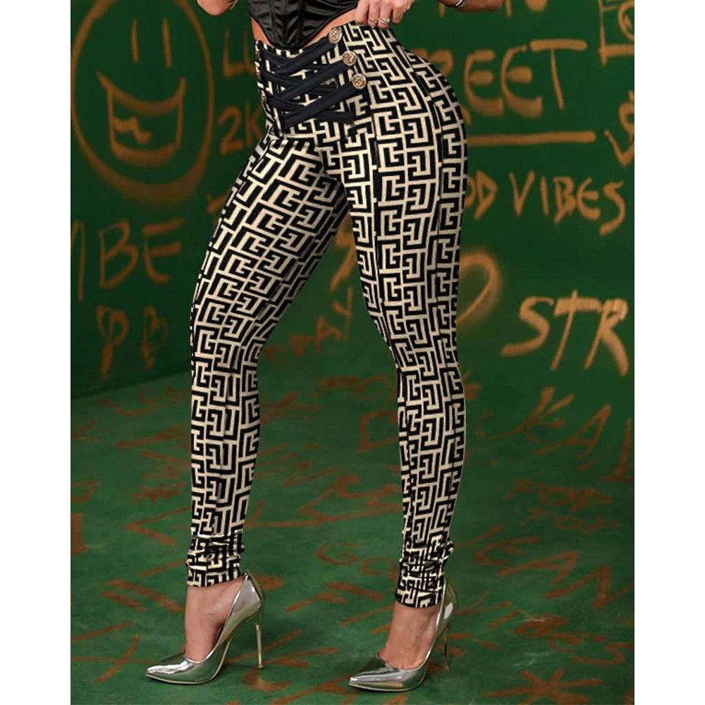 Geometric Print High Waist Butt Lift Skinny Pants Women Chic Button Criss Cross Trousers