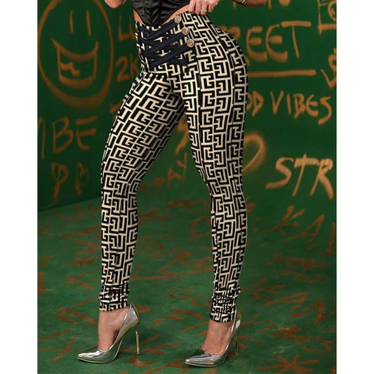 Geometric Print High Waist Butt Lift Skinny Pants Women Chic Button Criss Cross Trousers