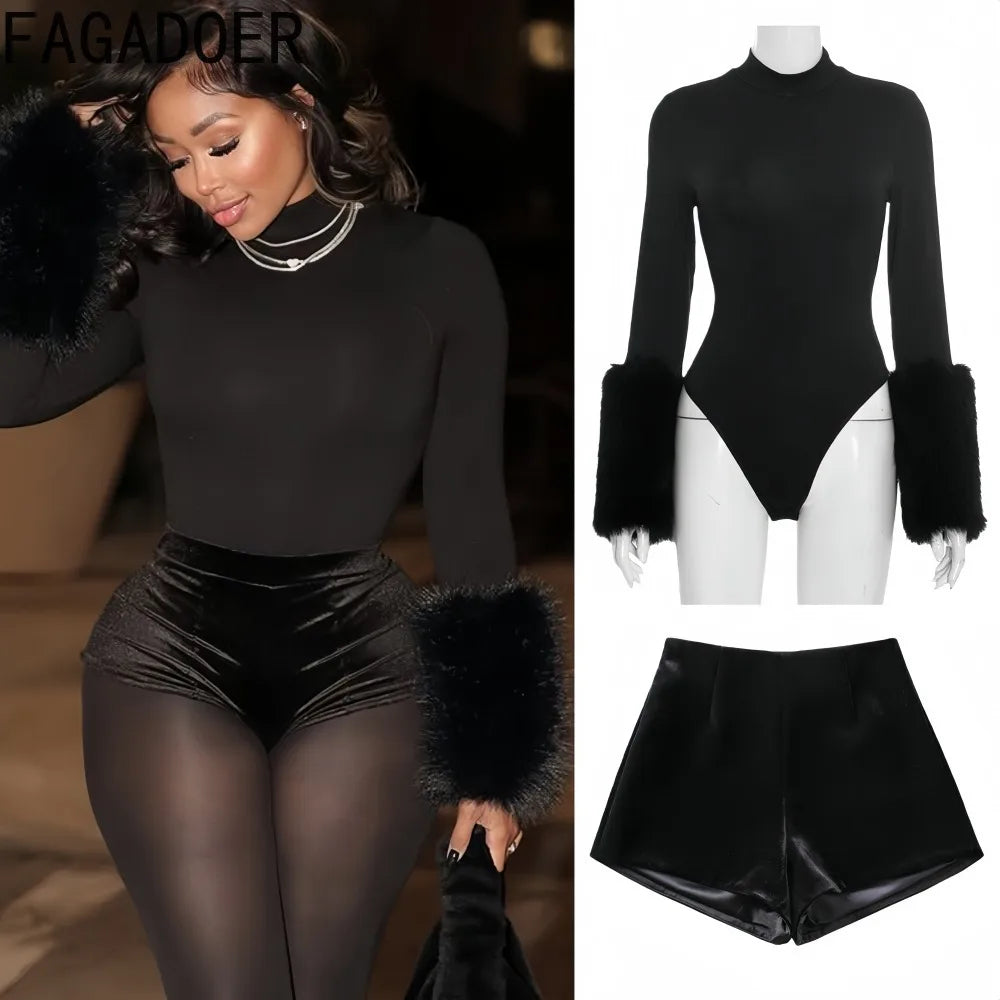 New Sexy Fur Patchwork 2 Pieces Set for Woman Outfits