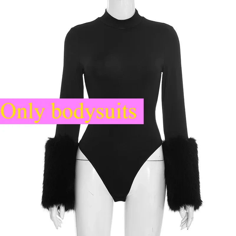 New Sexy Fur Patchwork 2 Pieces Set for Woman Outfits