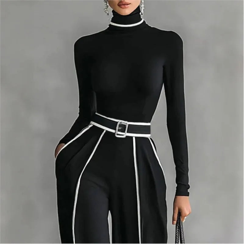 Women Long Sleeve Knit Pullover Two-Piece Set Elegant High Neck Slim Top+Wide leg Pants  Outfit