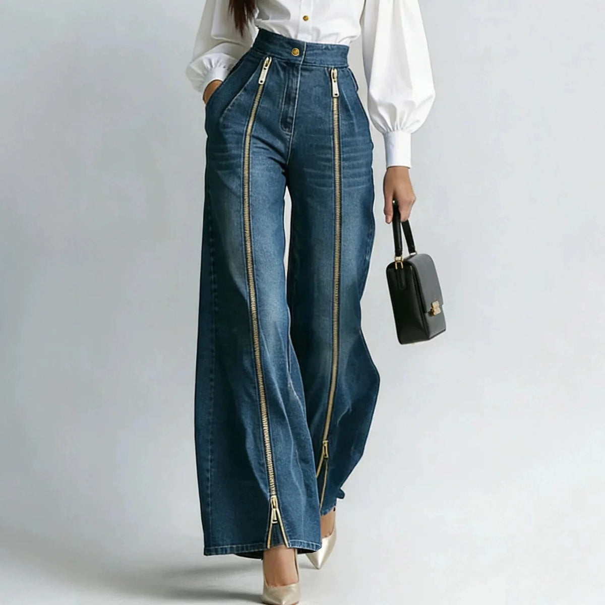 Women's High Waisted Gold Zipper Wide Leg Straight Denim Pants