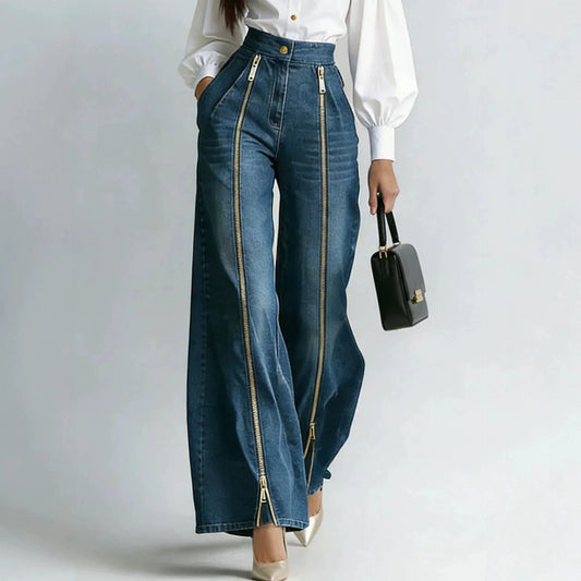 Women's High Waisted Gold Zipper Wide Leg Straight Denim Pants