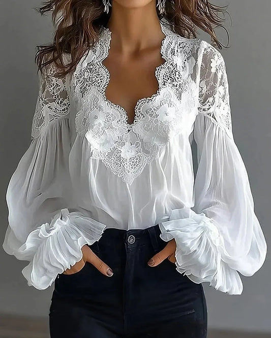 White  Lace Trim Puff Sleeve Blouse