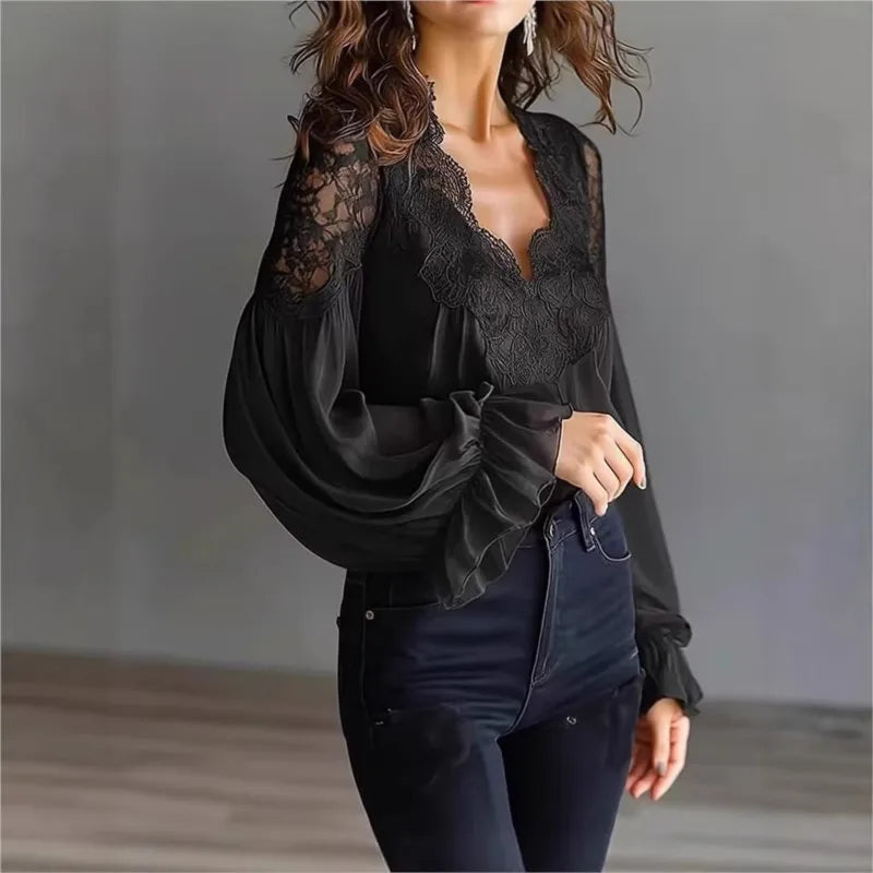 White  Lace Trim Puff Sleeve Blouse