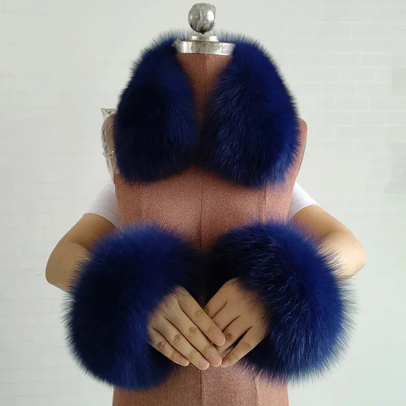 100% Real Fox Fur Collar Winter Coat Hood Fur Scarf Cuffs Set Jacket Match Overcoats Accessory Women Neck Warmer Scarves