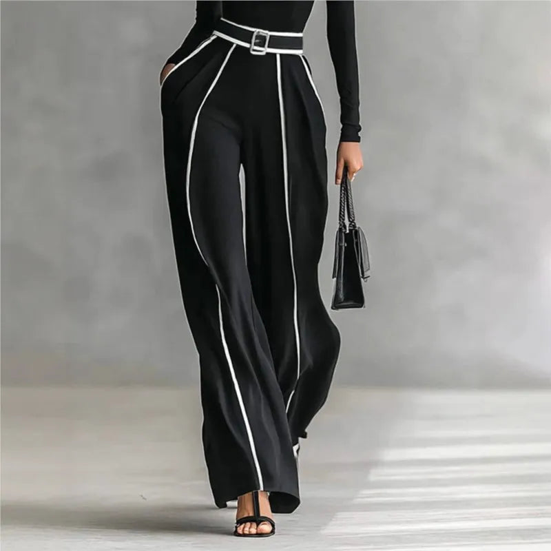 Women Long Sleeve Knit Pullover Two-Piece Set Elegant High Neck Slim Top+Wide leg Pants  Outfit