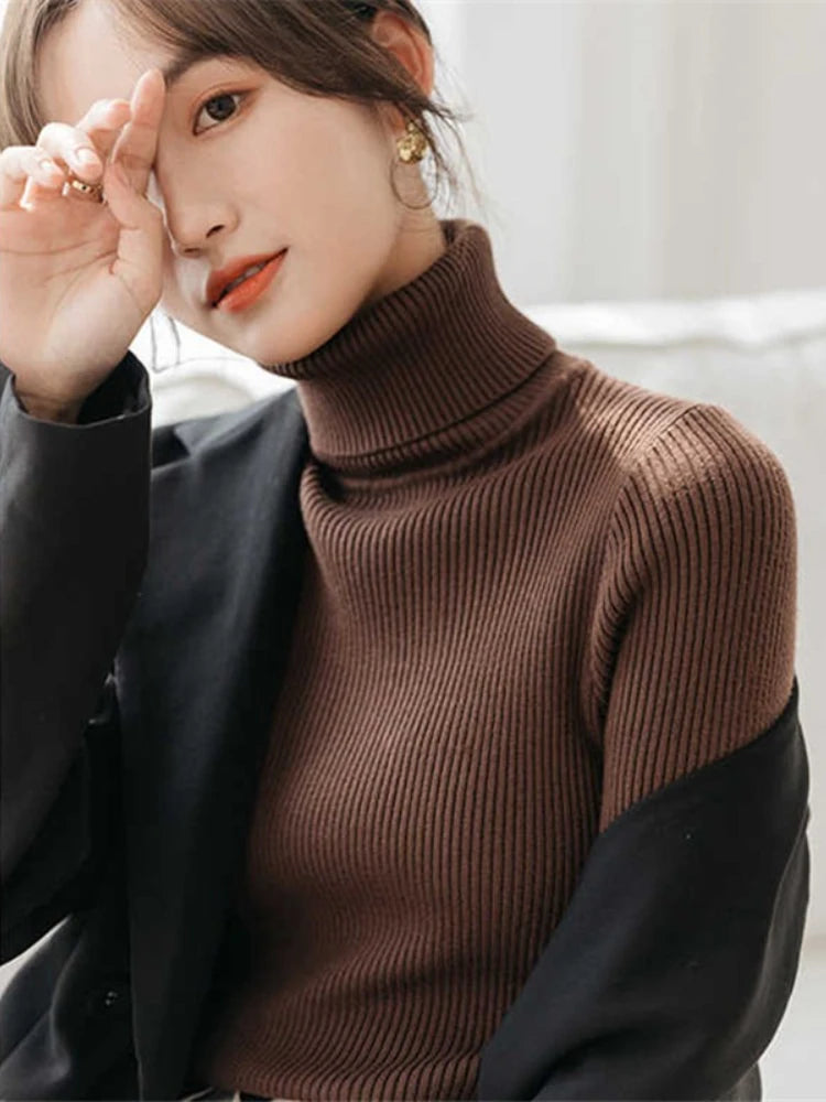 Women's Long Sleeve Slim Knitted Pullover Turtleneck Sweater