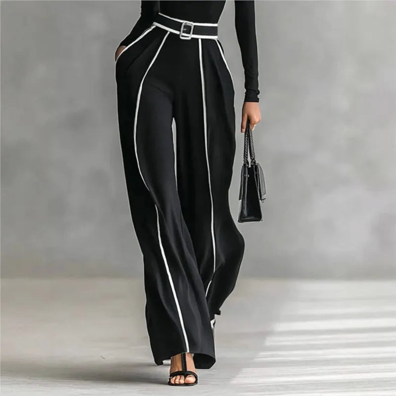 Women Long Sleeve Knit Pullover Two-Piece Set Elegant High Neck Slim Top+Wide leg Pants  Outfit