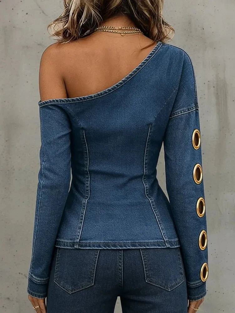 Retro Denim Off-shoulder Top Oblique Collar Long Sleeve Metal Ring Cut Out Blous