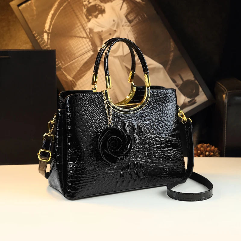 Genuine Leather Women's Handbags Crocodile Pattern Lady Flower Tassel Shoulder Messenger Bag Fashion Wedding Top Handle Bags