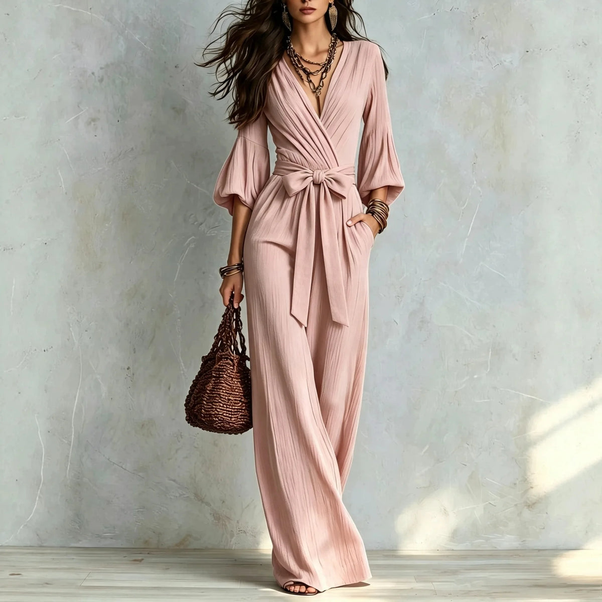 Elegant Deep V Neck Puff Sleeve Jumpsuit