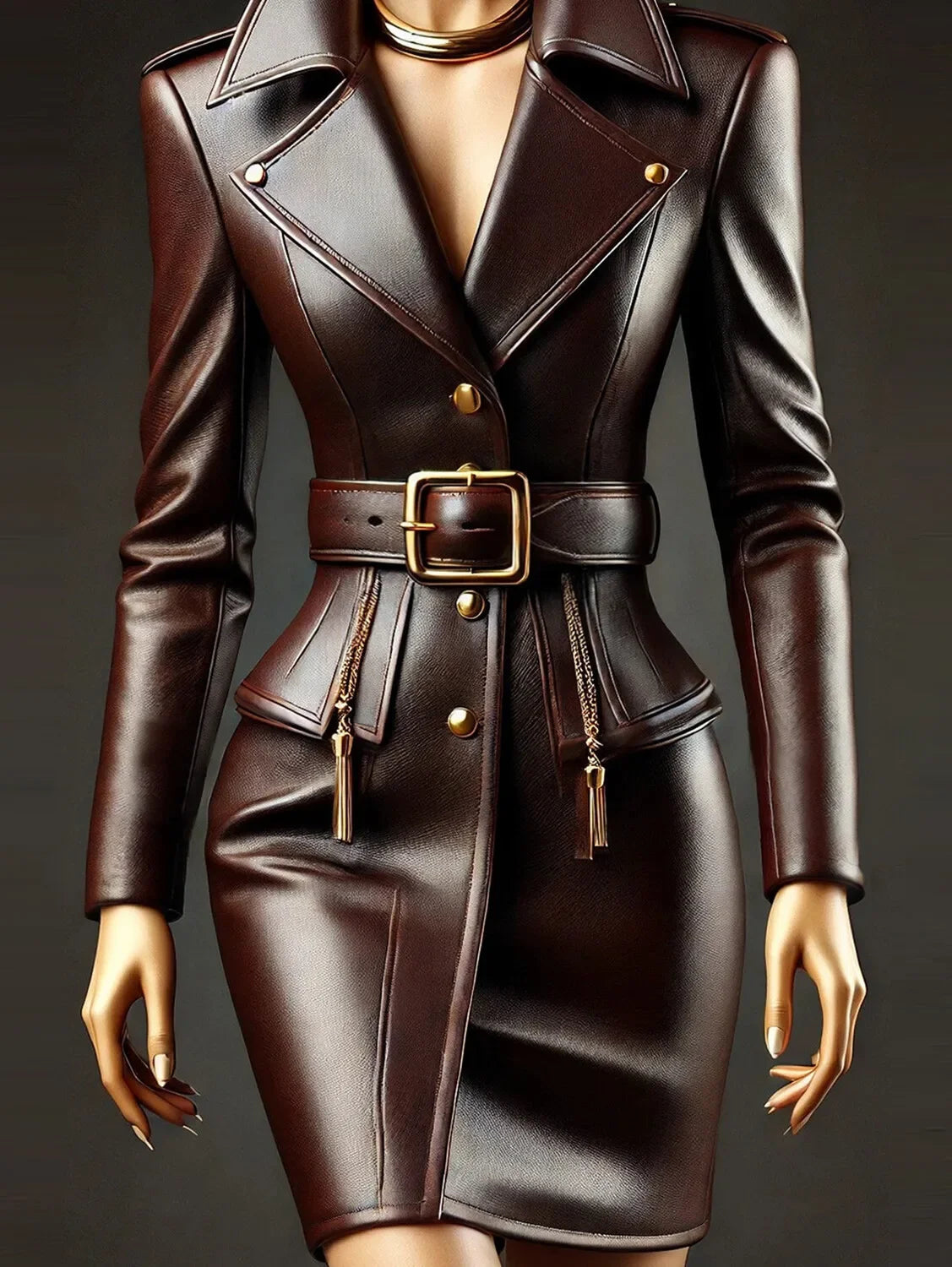 Women PU Leather Dress Lapel Collar
