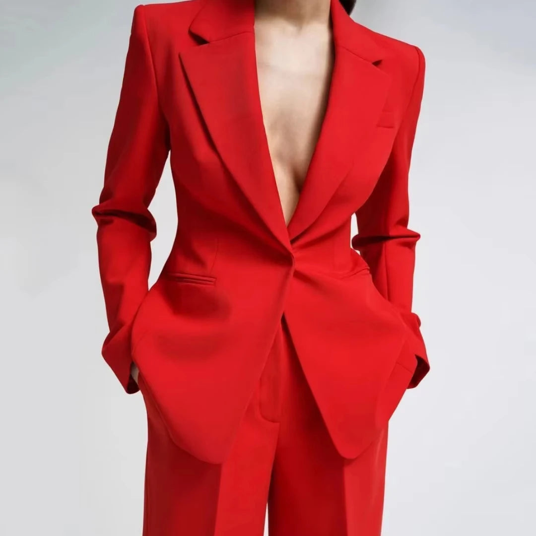 Women Suit 2 Pieces Red With Lapel Single Button Blazer And Pant