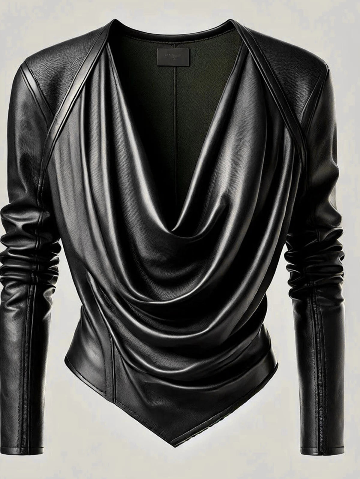 Women Cowl V Neck PU Leather Long Sleeve Blouse