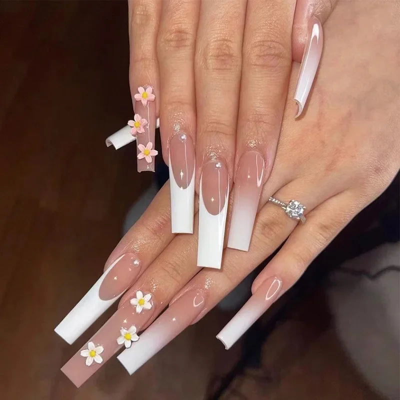 24Pcs Simple White French Press on Nails with Glue Long Ballet False Nails Wearable Coffin Fake Nails Full Cover Nail Tips