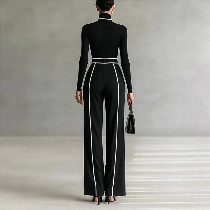 Women Long Sleeve Knit Pullover Two-Piece Set Elegant High Neck Slim Top+Wide leg Pants  Outfit