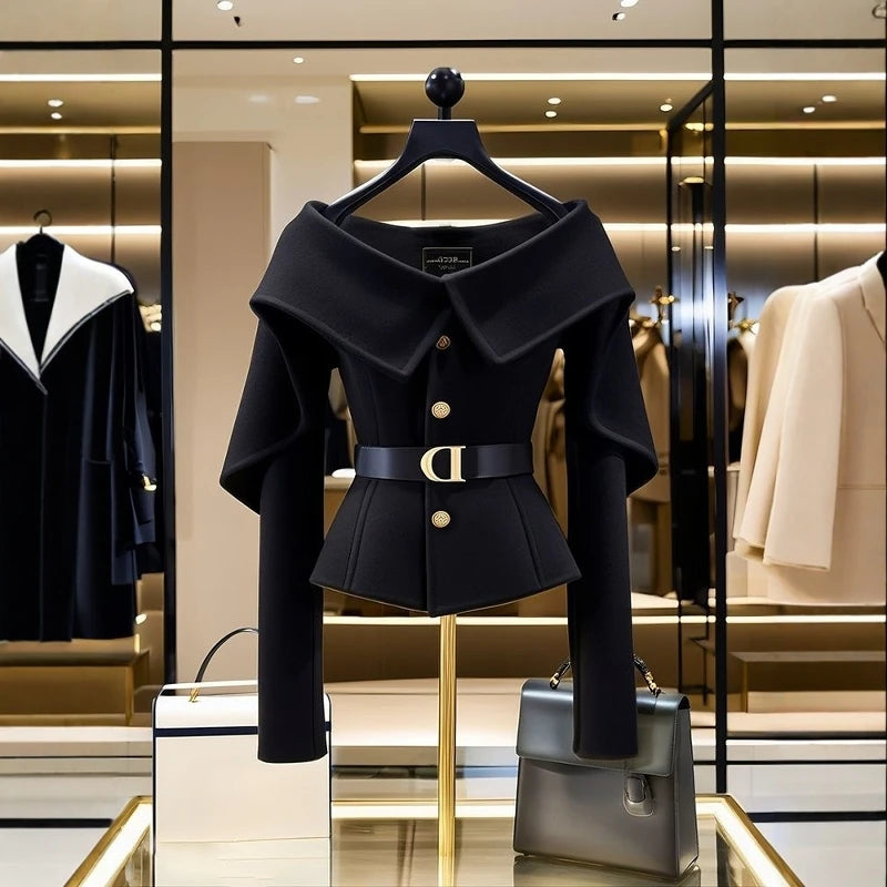 Women's Chic Black Short Jacket High-end Shoulder Outwear Single-breasted Coat