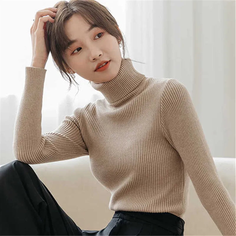 Women's Long Sleeve Slim Knitted Pullover Turtleneck Sweater