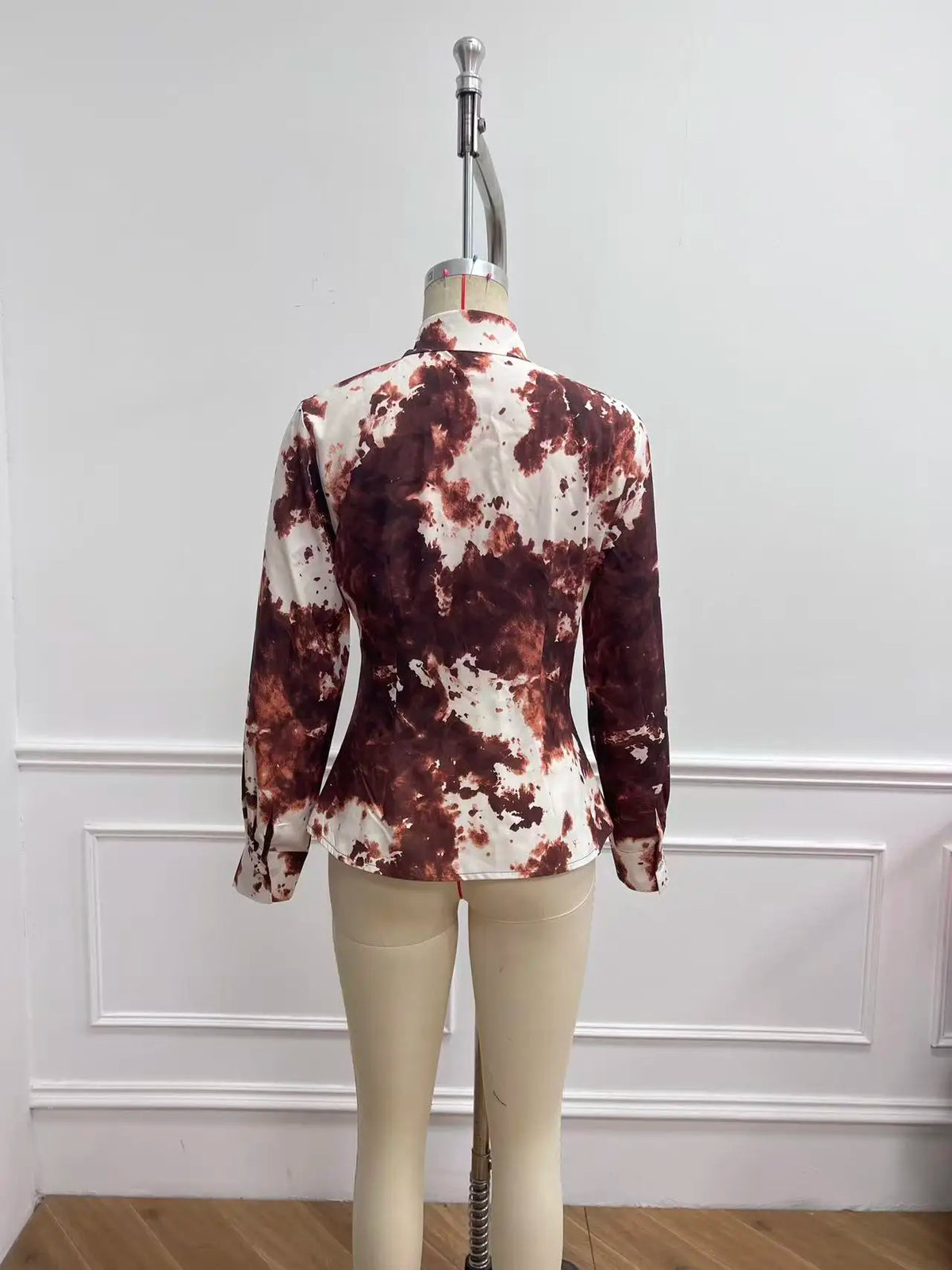 Women's Long-sleeved Satin Blouse With A Cow Print And Button Collar