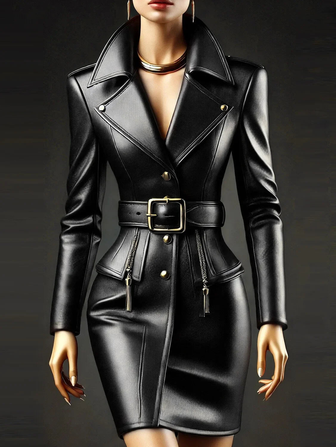 Women PU Leather Dress Lapel Collar