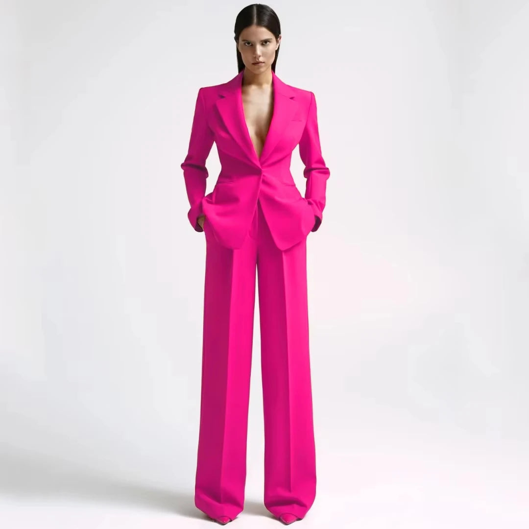 Women Suit 2 Pieces Red With Lapel Single Button Blazer And Pant