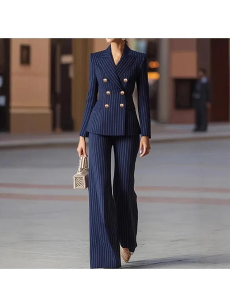 Ladies Pant Suit Striped Jacket Blazer and Trouser 2 Piece Set