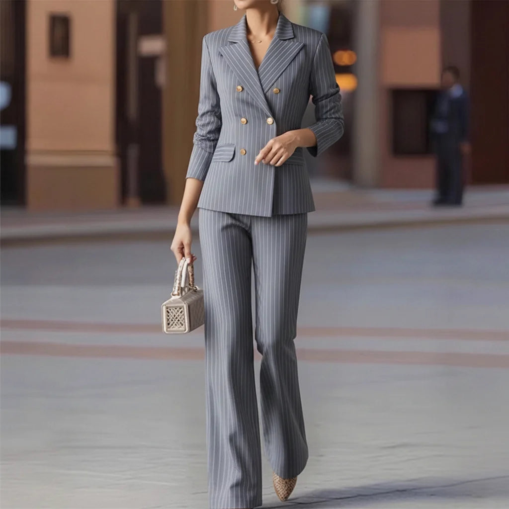 Ladies Pant Suit Striped Jacket Blazer and Trouser 2 Piece Set