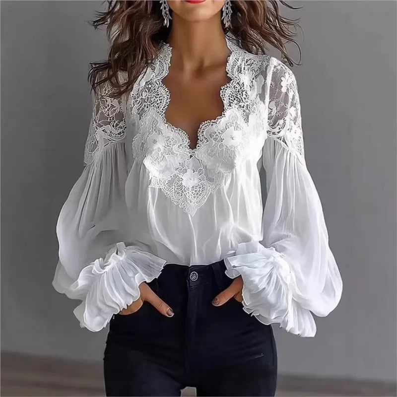 White  Lace Trim Puff Sleeve Blouse