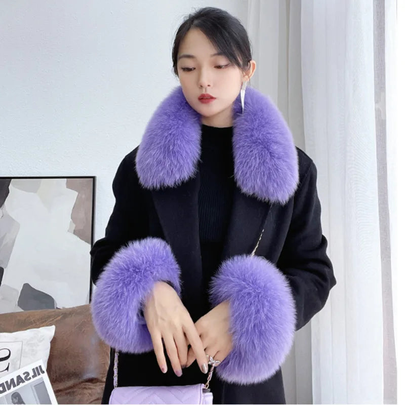 100% Real Fox Fur Collar Winter Coat Hood Fur Scarf Cuffs Set Jacket Match Overcoats Accessory Women Neck Warmer Scarves